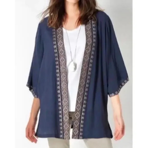 J. Jill Blue Embroidered Kimono Boho Gauze Open Bohemian Viscose, size: One Size - Picture 1 of 11